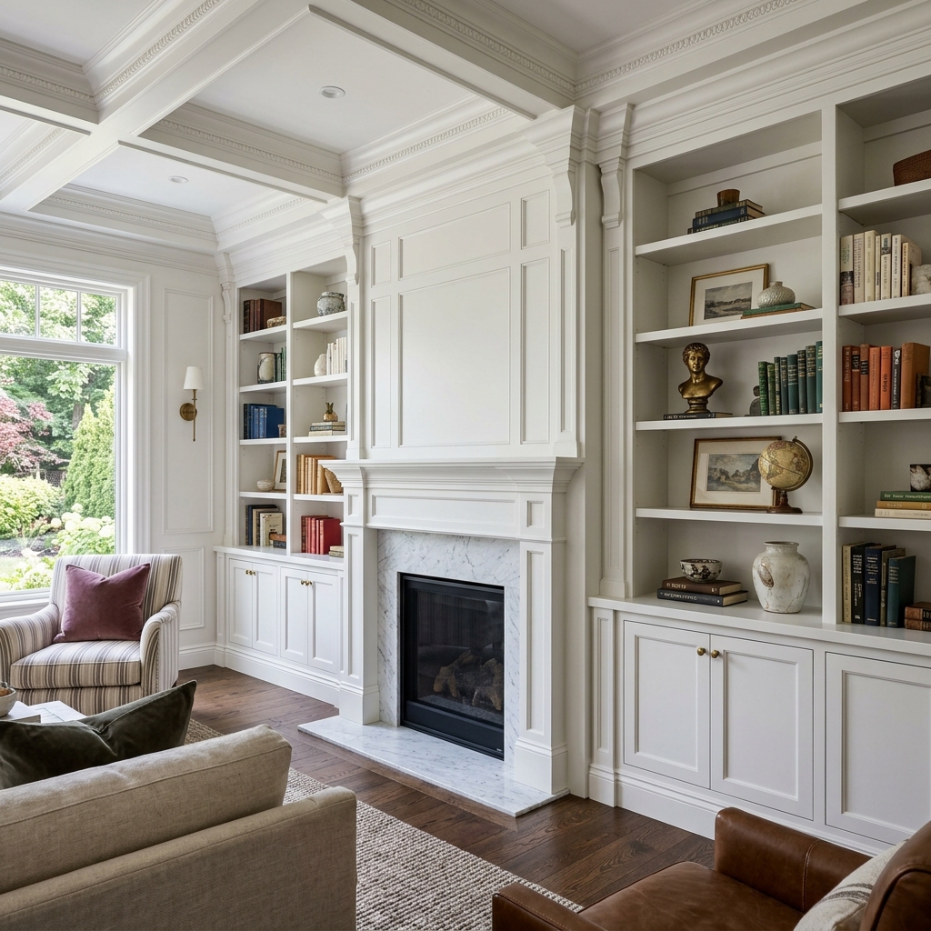 High-end custom built-in bookshelves and cabinetry with crown molding