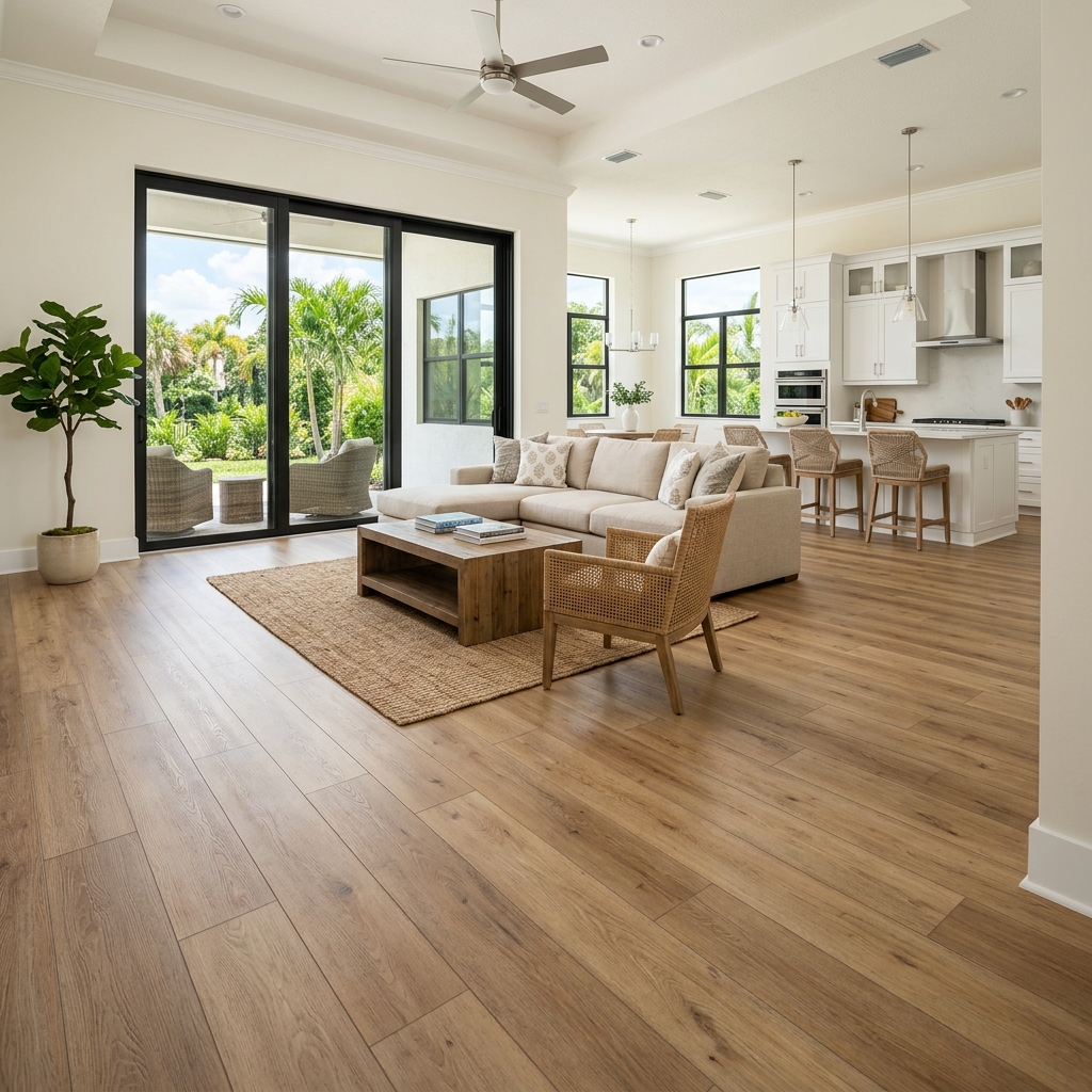 Luxury vinyl plank flooring installation in a modern Southwest Florida living room