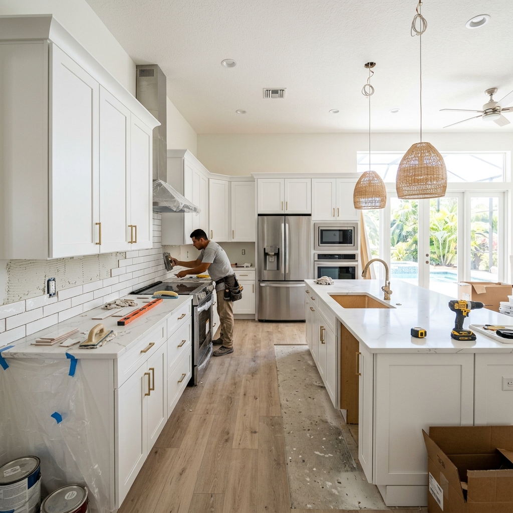 Modern kitchen renovation in Southwest Florida with white shaker cabinets
