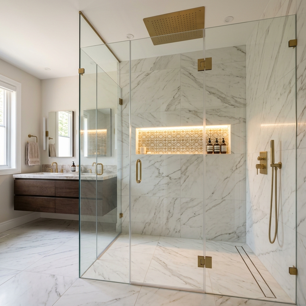 Luxury custom walk-in shower with curbless entry and frameless glass