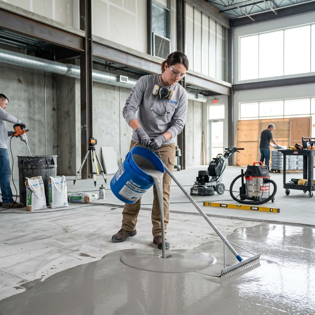 Concrete floor leveling and subfloor preparation for flooring installation