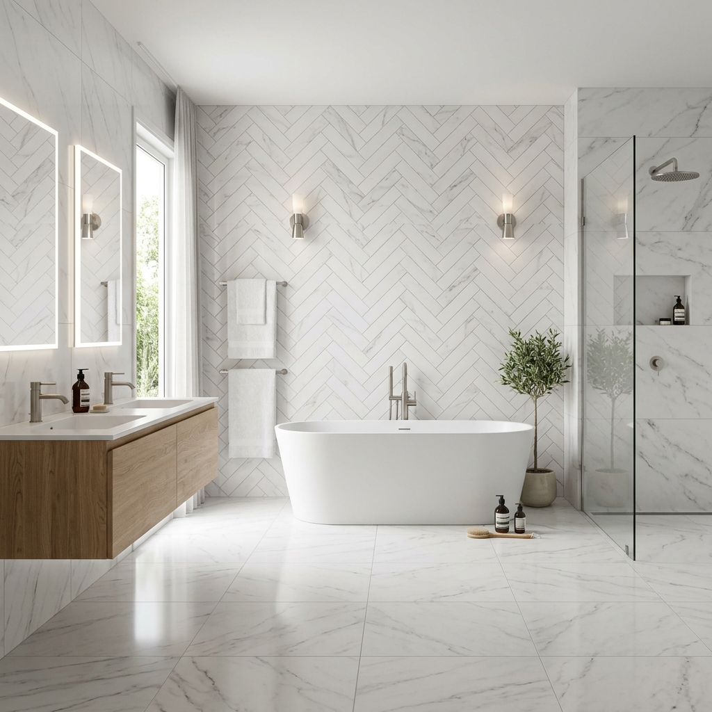 Professional tile installation with large format marble-look porcelain tiles