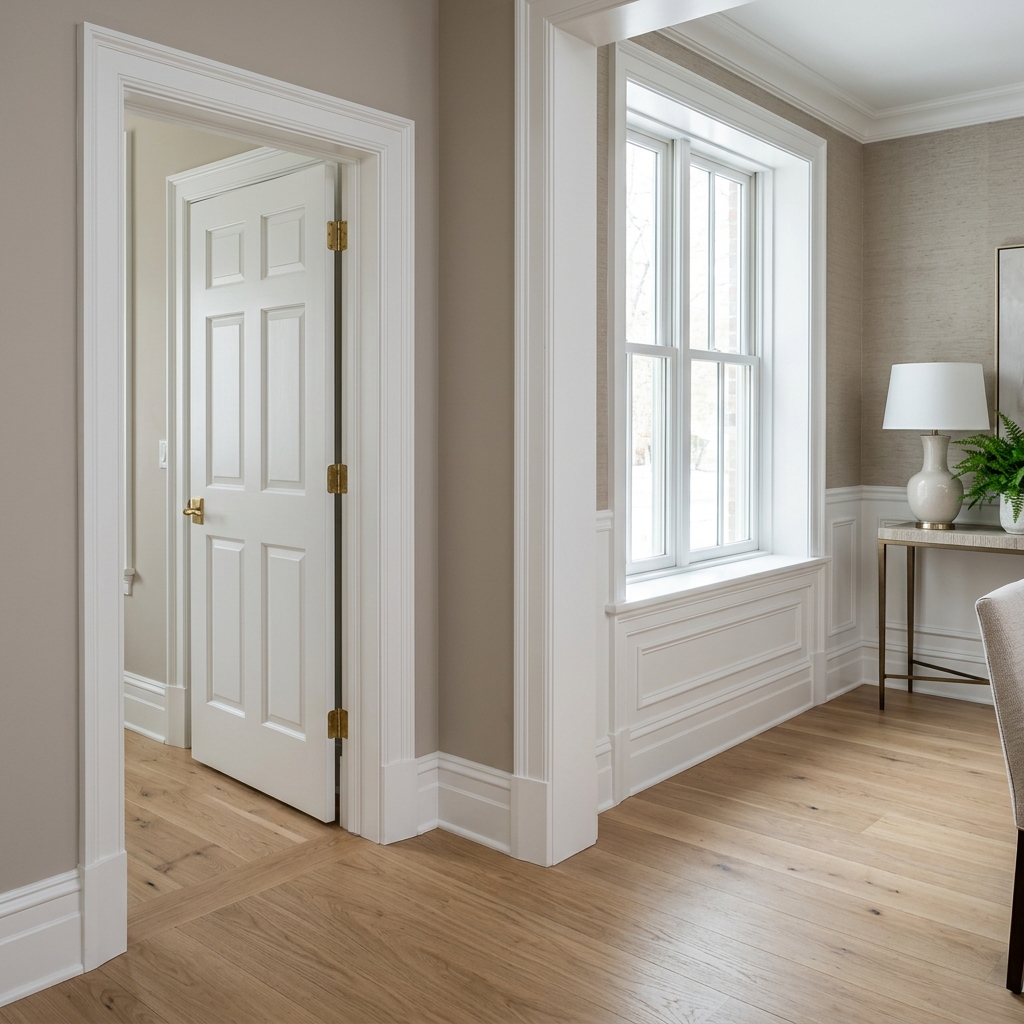 Detailed trim and finish carpentry with baseboards and door casing